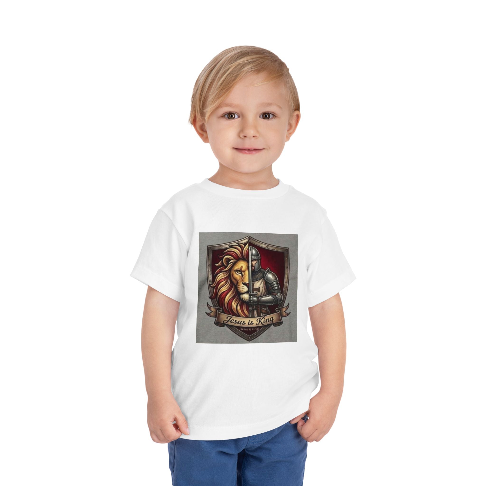 Toddler Tee — 'Jesus is King' Lion Shield Christian Graphic Shirt