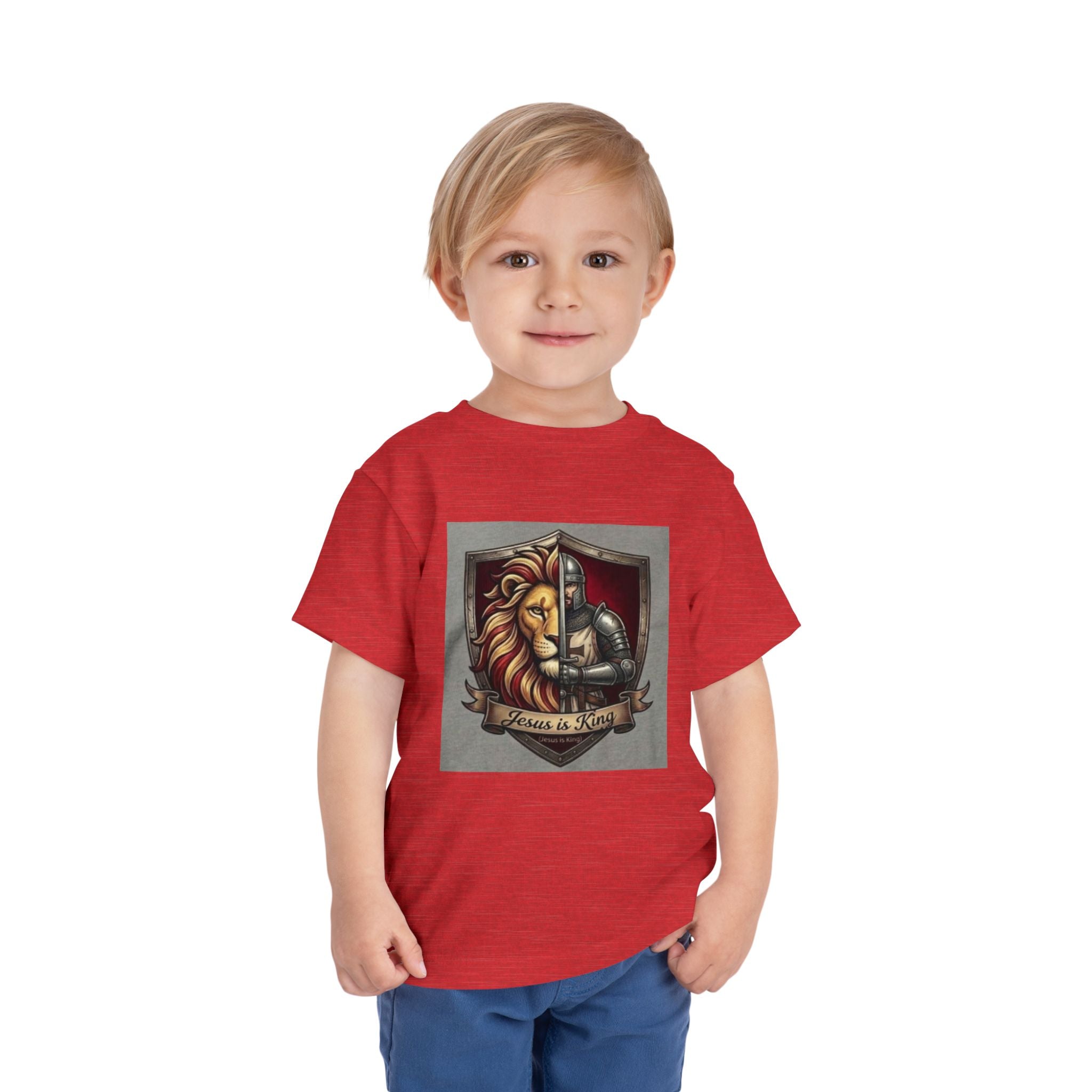 Toddler Tee — 'Jesus is King' Lion Shield Christian Graphic Shirt