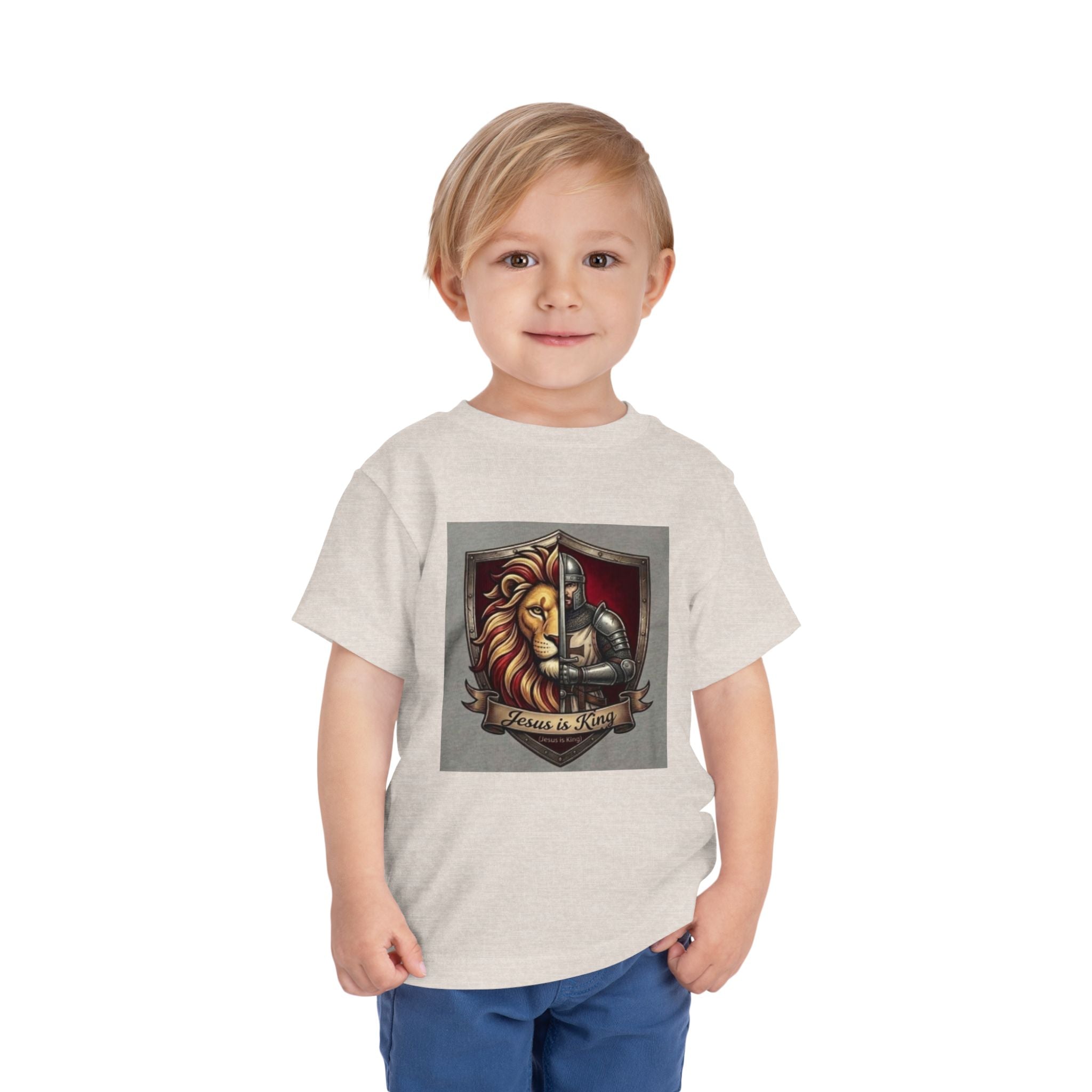 Toddler Tee — 'Jesus is King' Lion Shield Christian Graphic Shirt