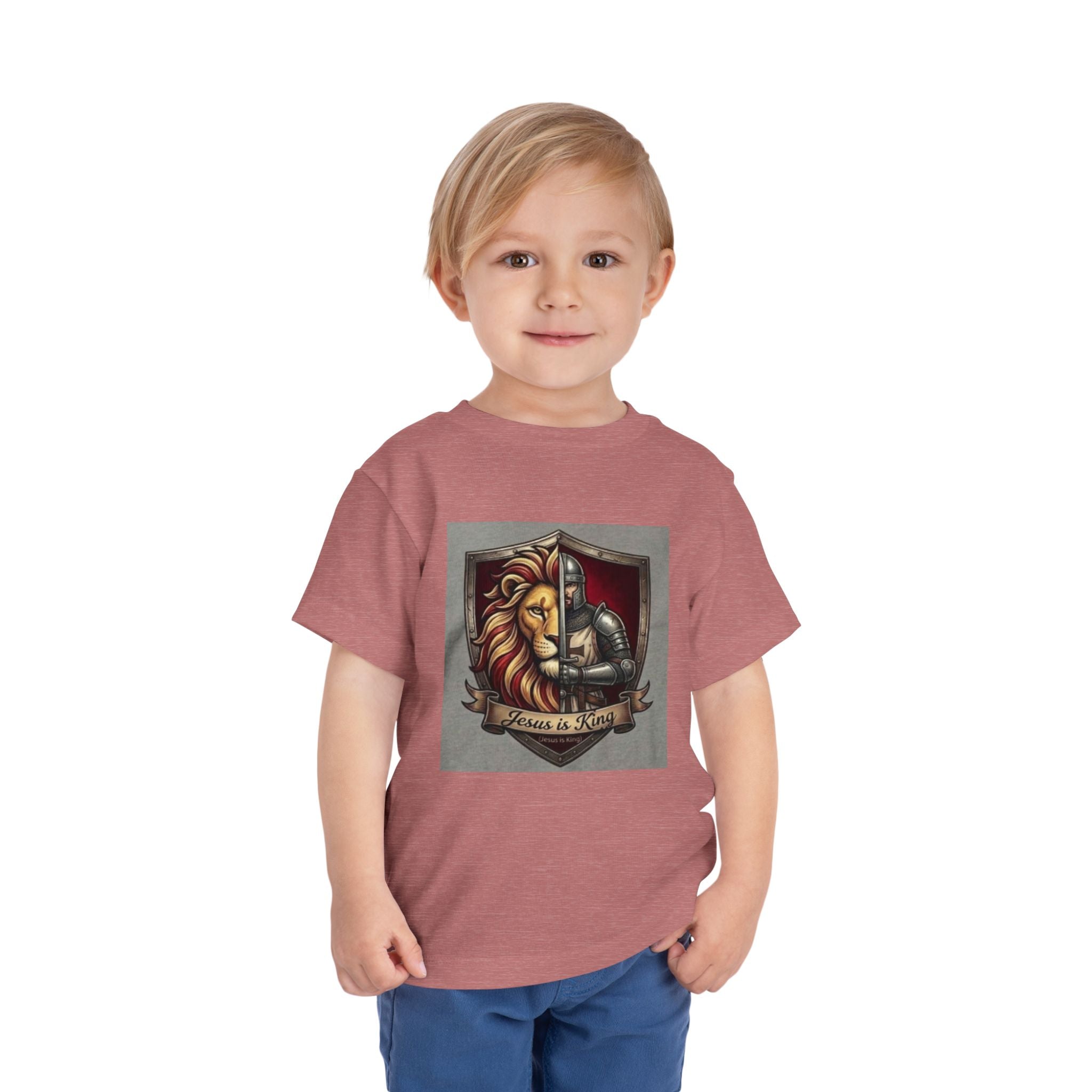 Toddler Tee — 'Jesus is King' Lion Shield Christian Graphic Shirt