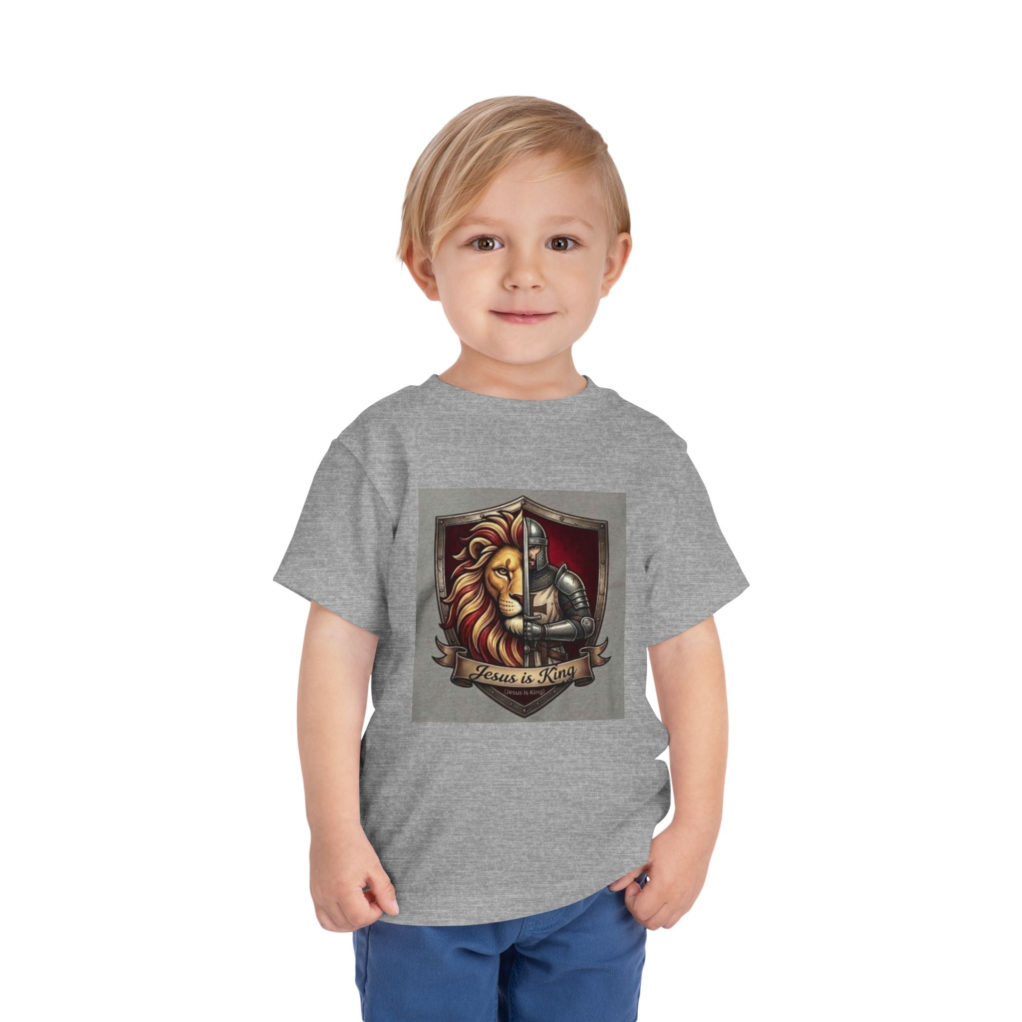 Toddler Tee — 'Jesus is King' Lion Shield Christian Graphic Shirt